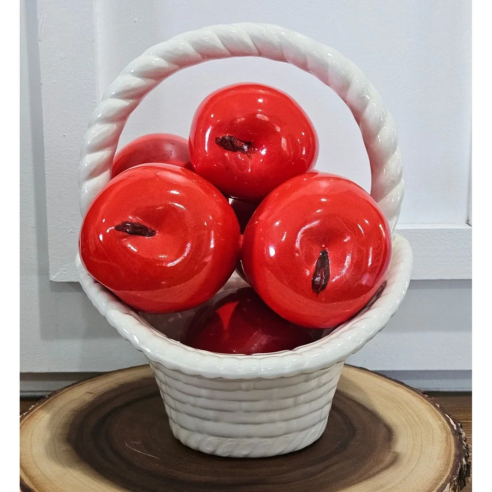 VTG Farmhouse Ceramic Red Apple Cottagecore Basket Decor White Basket